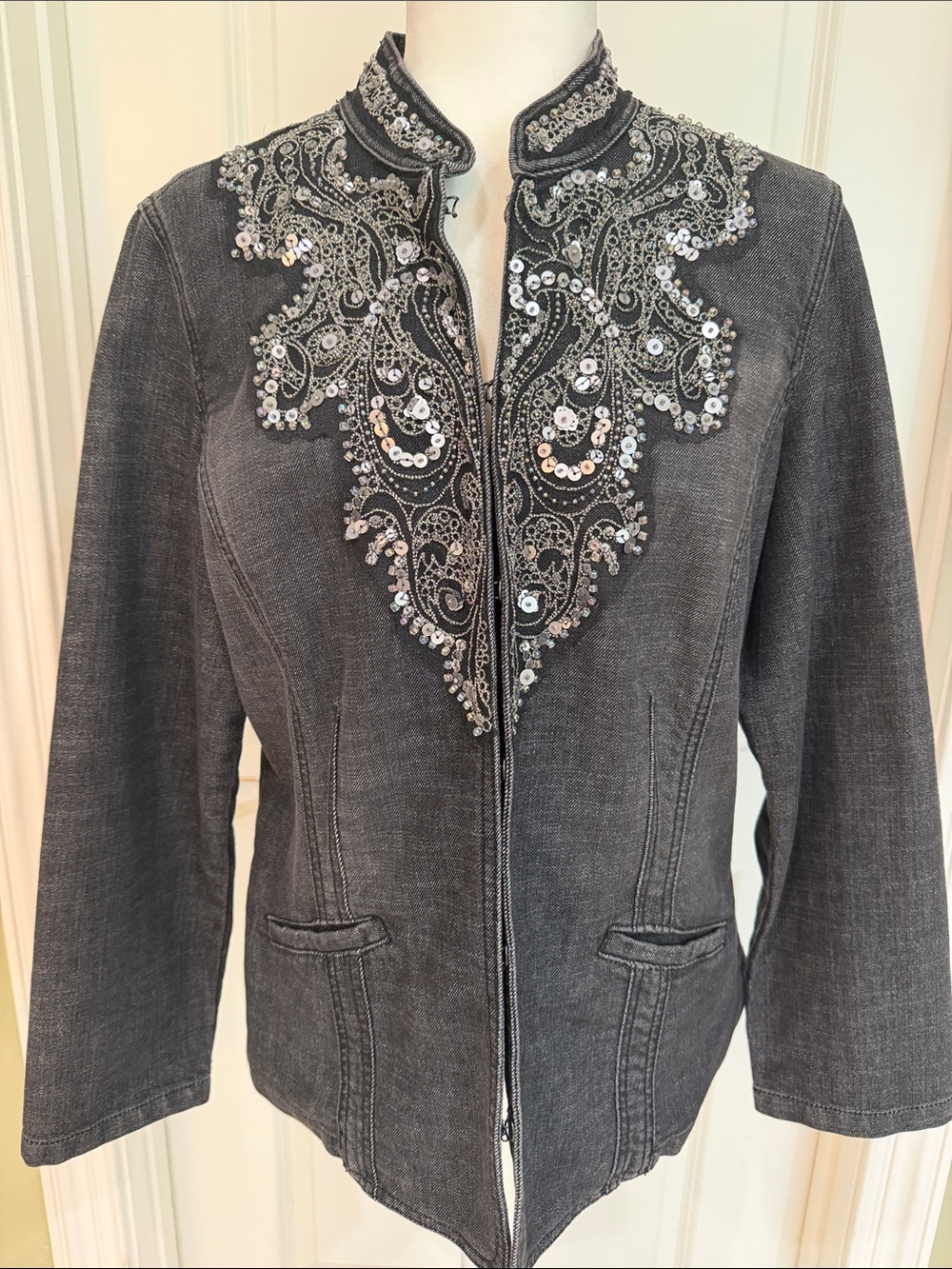 Chicos Biker Gray Jean Jacket with Sequin Embroidery Biker Chick Motorcycle